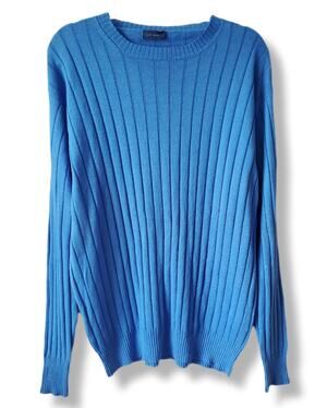 Men Jeff Rose Blue Linen Wide Rib Sweater Jumper L Italy Preppy Coastal Yacht